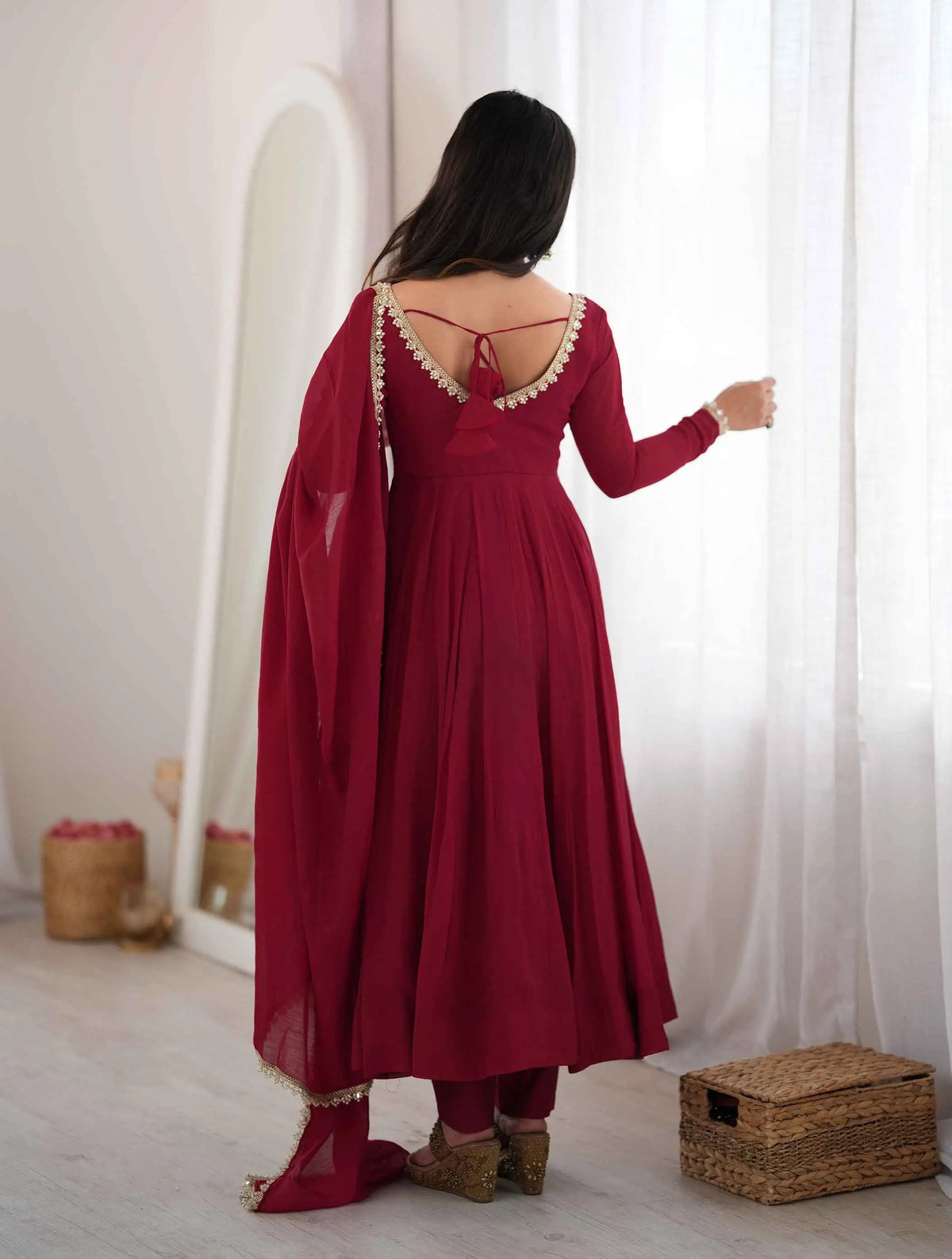 Designer Maroon Mal Chanderi Anarkali Gown