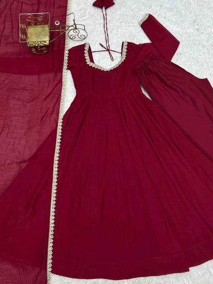 Designer Maroon Mal Chanderi Anarkali Gown