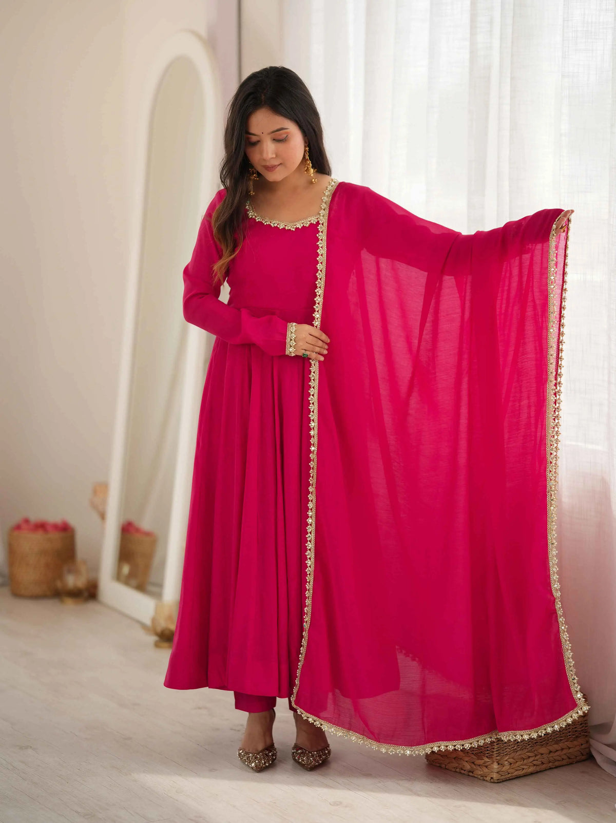 Rani Pink Mal Chanderi Anarkali Gown
