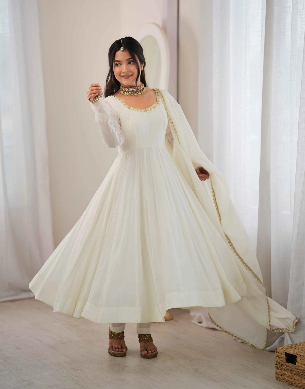 Designer White Mal Chanderi Anarkali Gown