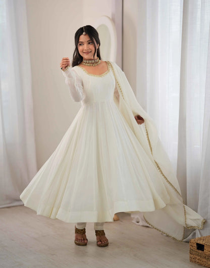 Designer White Mal Chanderi Anarkali Gown