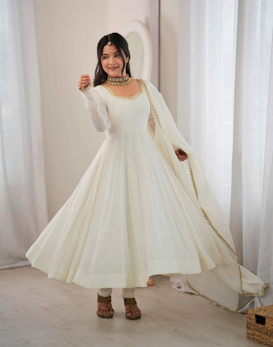 Designer White Mal Chanderi Anarkali Gown