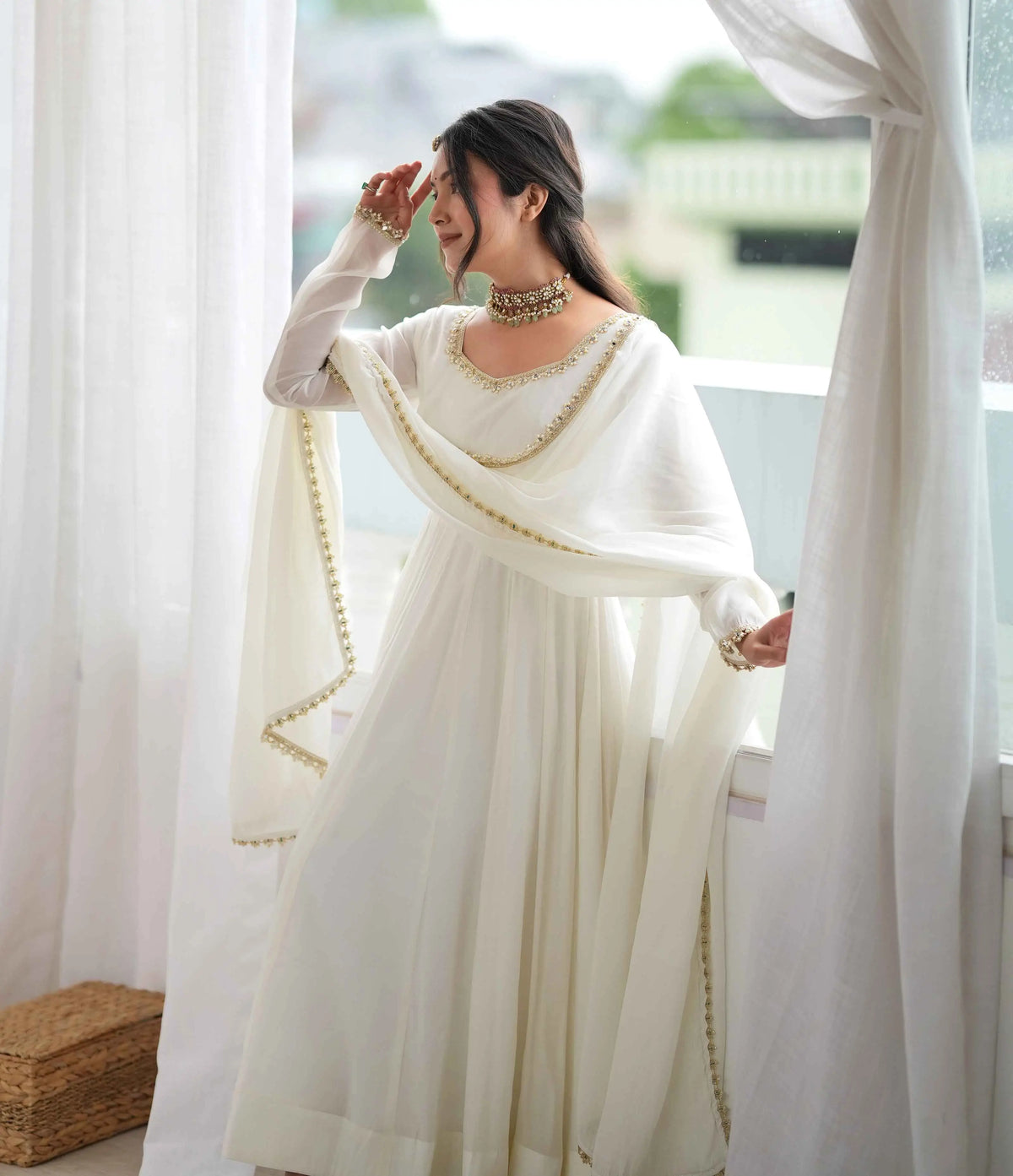 Designer White Mal Chanderi Anarkali Gown