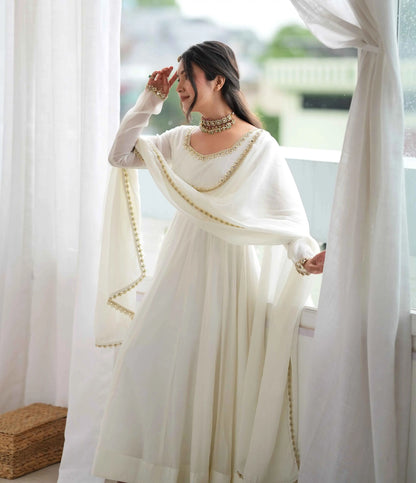Designer White Mal Chanderi Anarkali Gown