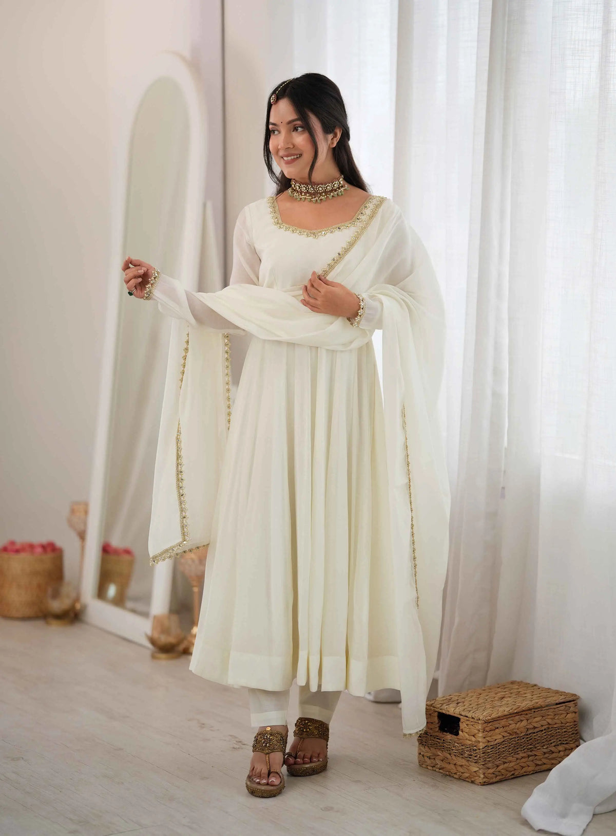 Designer White Mal Chanderi Anarkali Gown