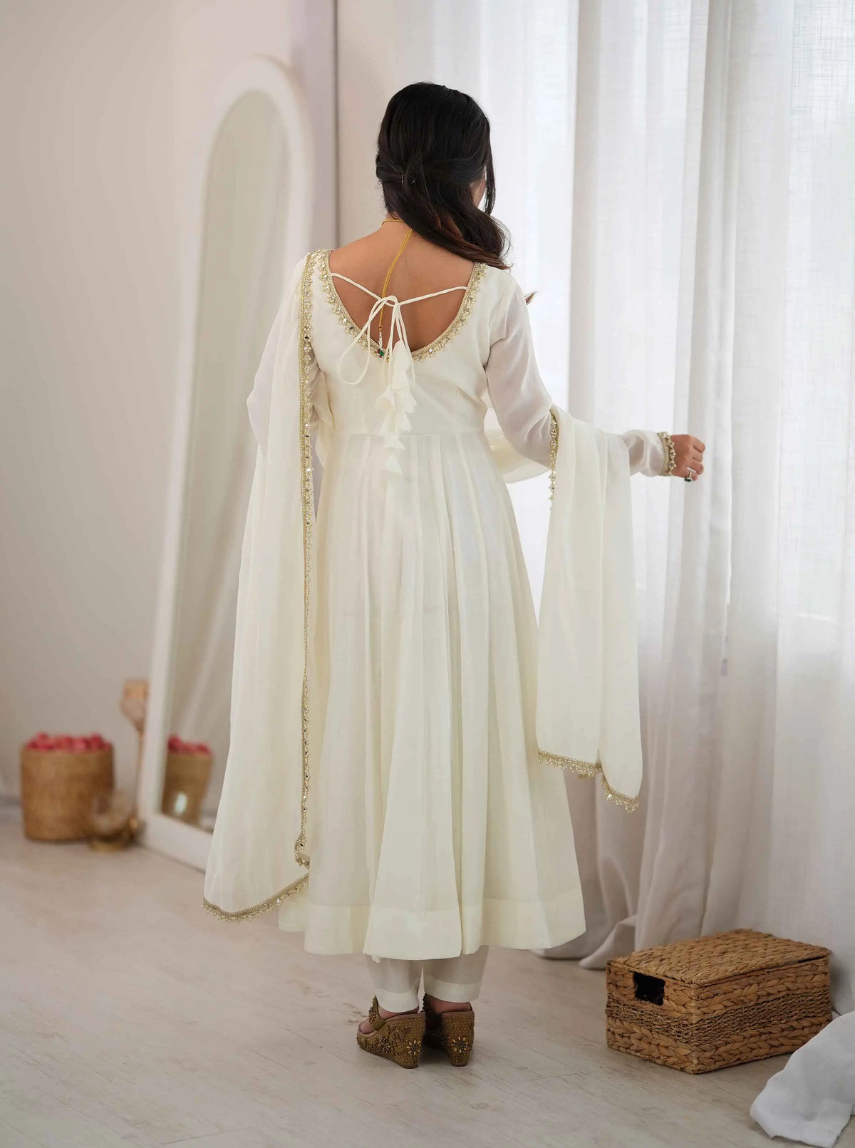 Designer White Mal Chanderi Anarkali Gown