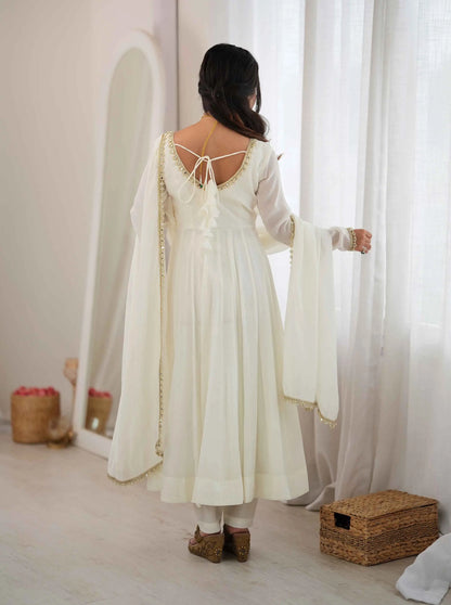 Designer White Mal Chanderi Anarkali Gown