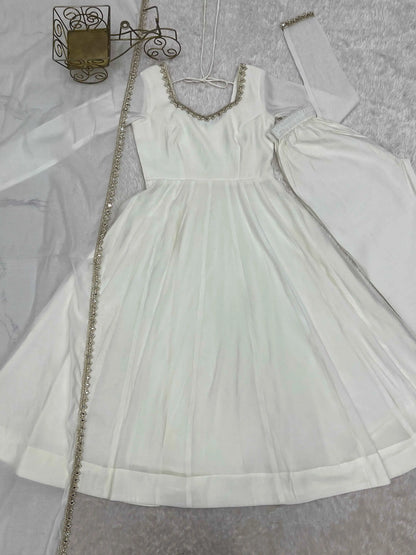 Designer White Mal Chanderi Anarkali Gown