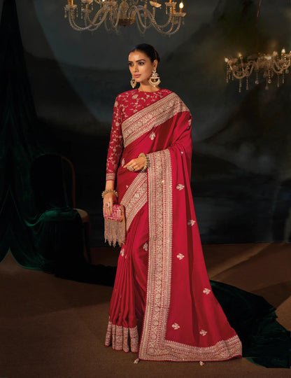 Rose Red Satin Heavy Embroidery Saree