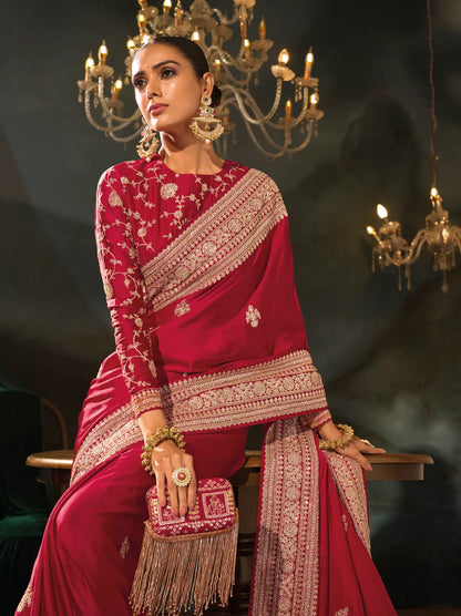 Rose Red Satin Heavy Embroidery Saree