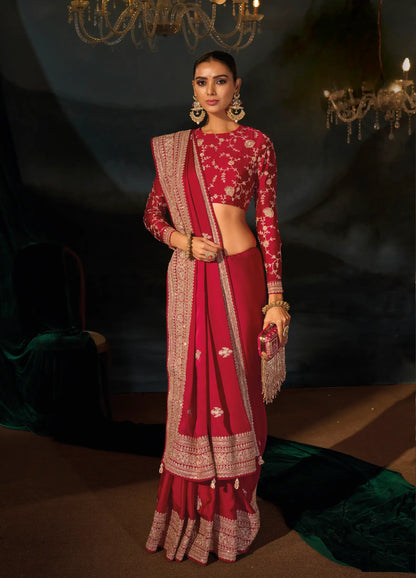 Rose Red Satin Heavy Embroidery Saree