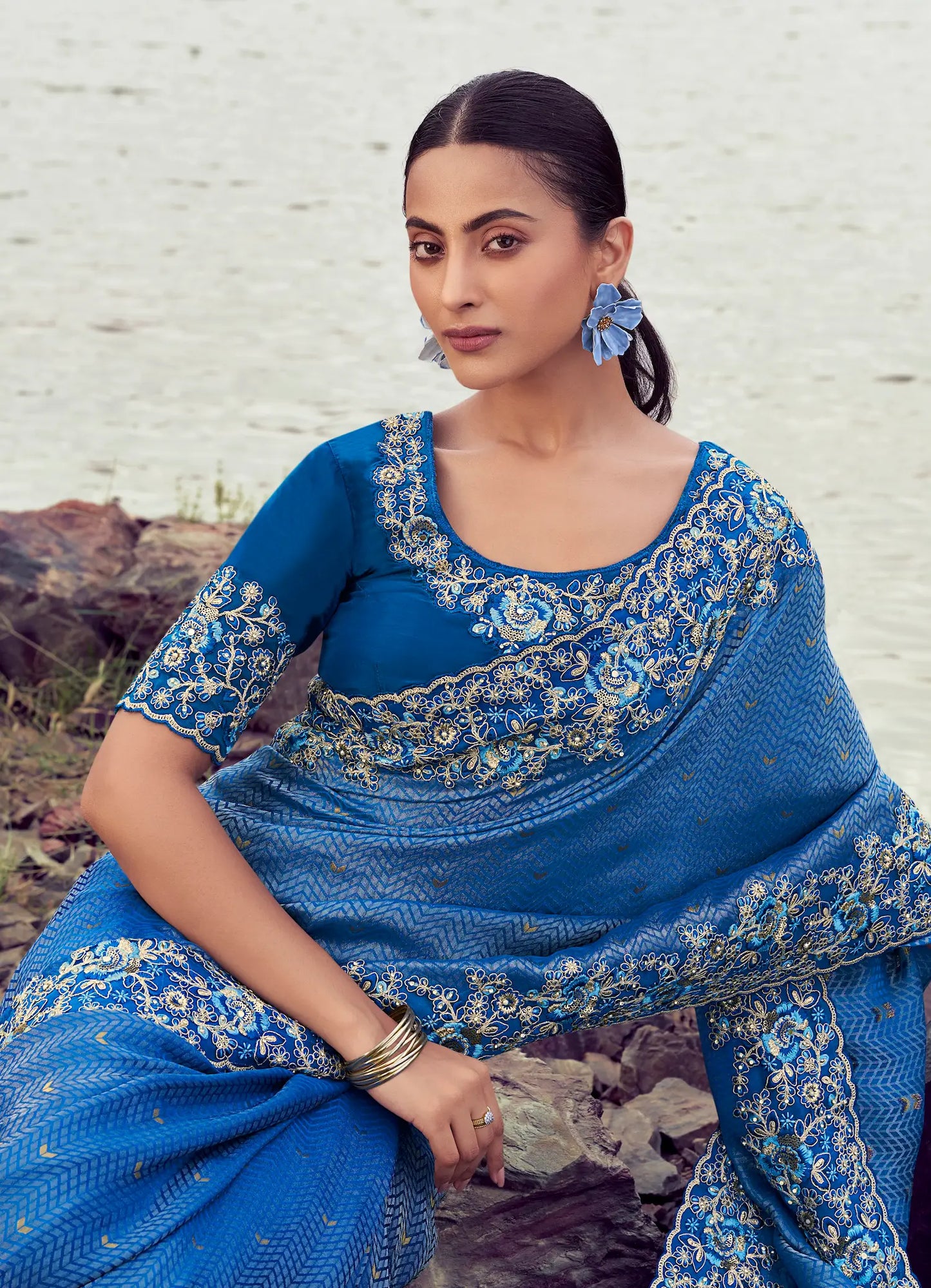 Royal Blue Silk Heavy Embroidery & Hand Work Saree