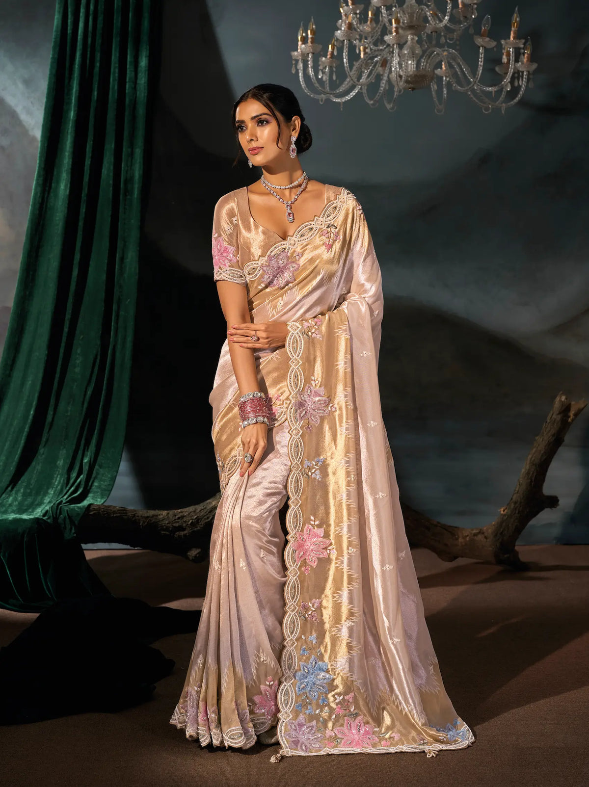Golden Beige Silk Heavy Embroidery Saree