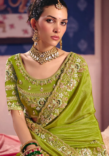 Parrot Green Silk Heavy Embroidered Saree