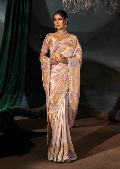 Golden Beige Silk Heavy Embroidery Saree