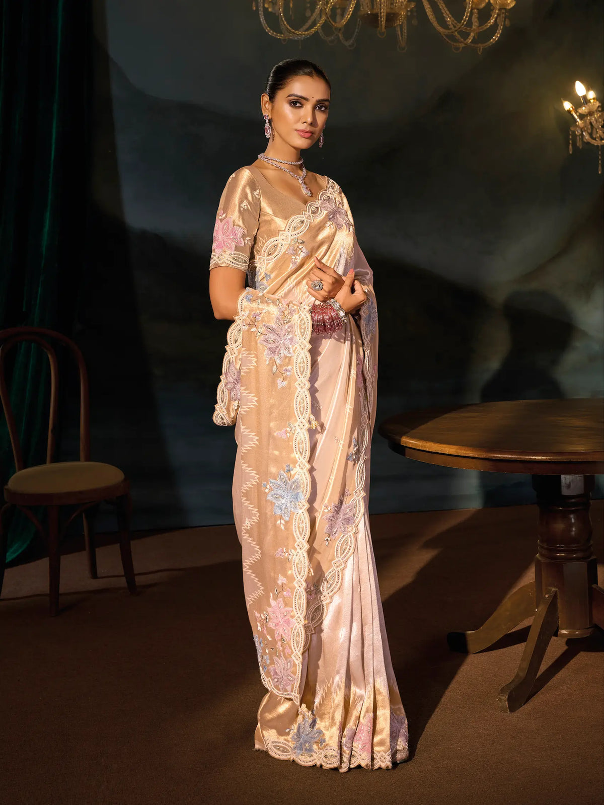 Golden Beige Silk Heavy Embroidery Saree
