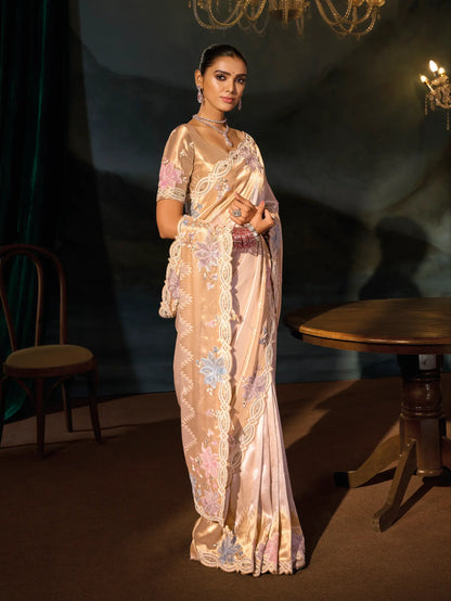 Golden Beige Silk Heavy Embroidery Saree