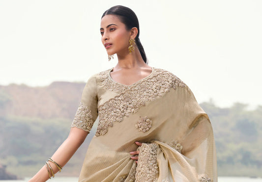 Almond Beige Silk Heavy Embroidery & Hand Work Saree