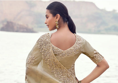 Almond Beige Silk Heavy Embroidery & Hand Work Saree