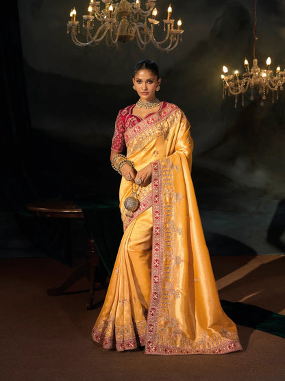 Mustard Gold Silk Heavy Embroidery Saree