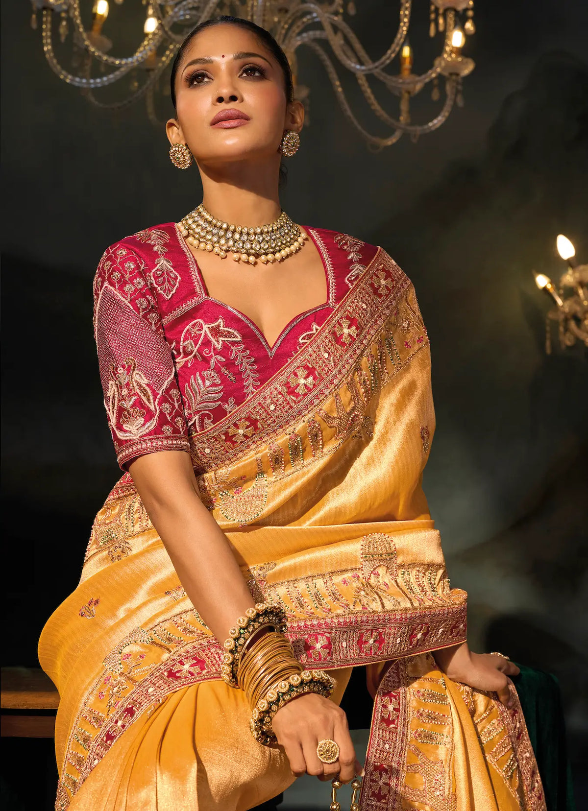 Mustard Gold Silk Heavy Embroidery Saree