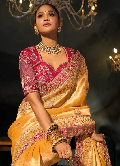 Mustard Gold Silk Heavy Embroidery Saree