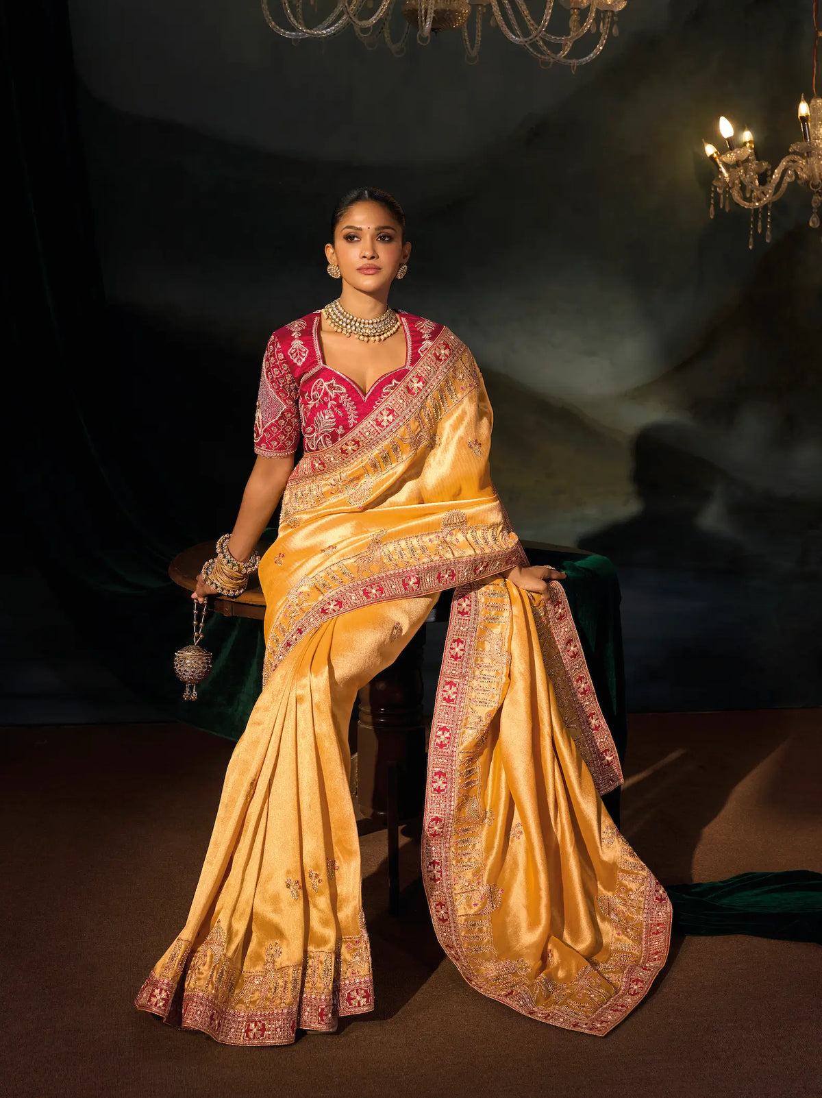Mustard Gold Silk Heavy Embroidery Saree