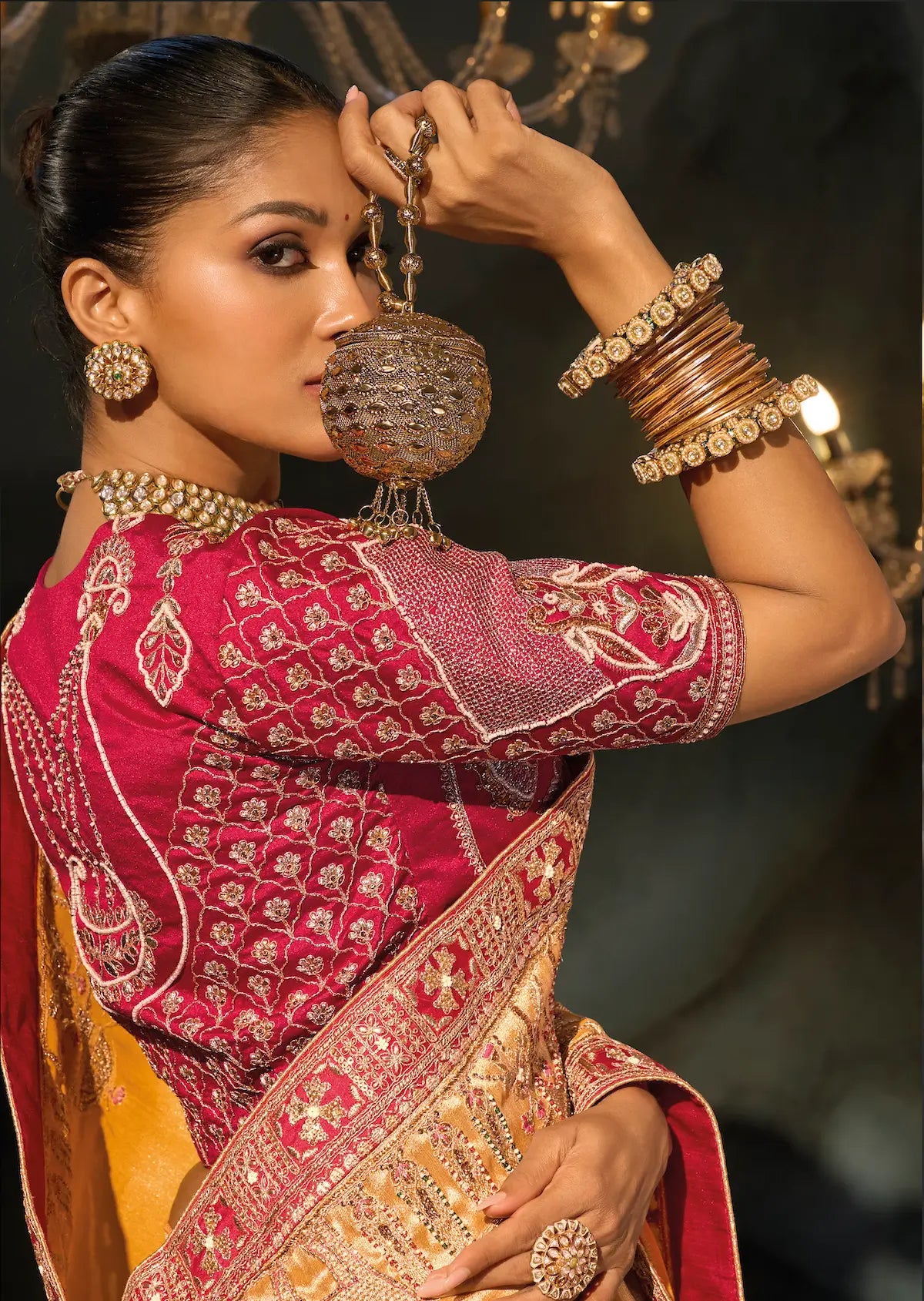 Mustard Gold Silk Heavy Embroidery Saree
