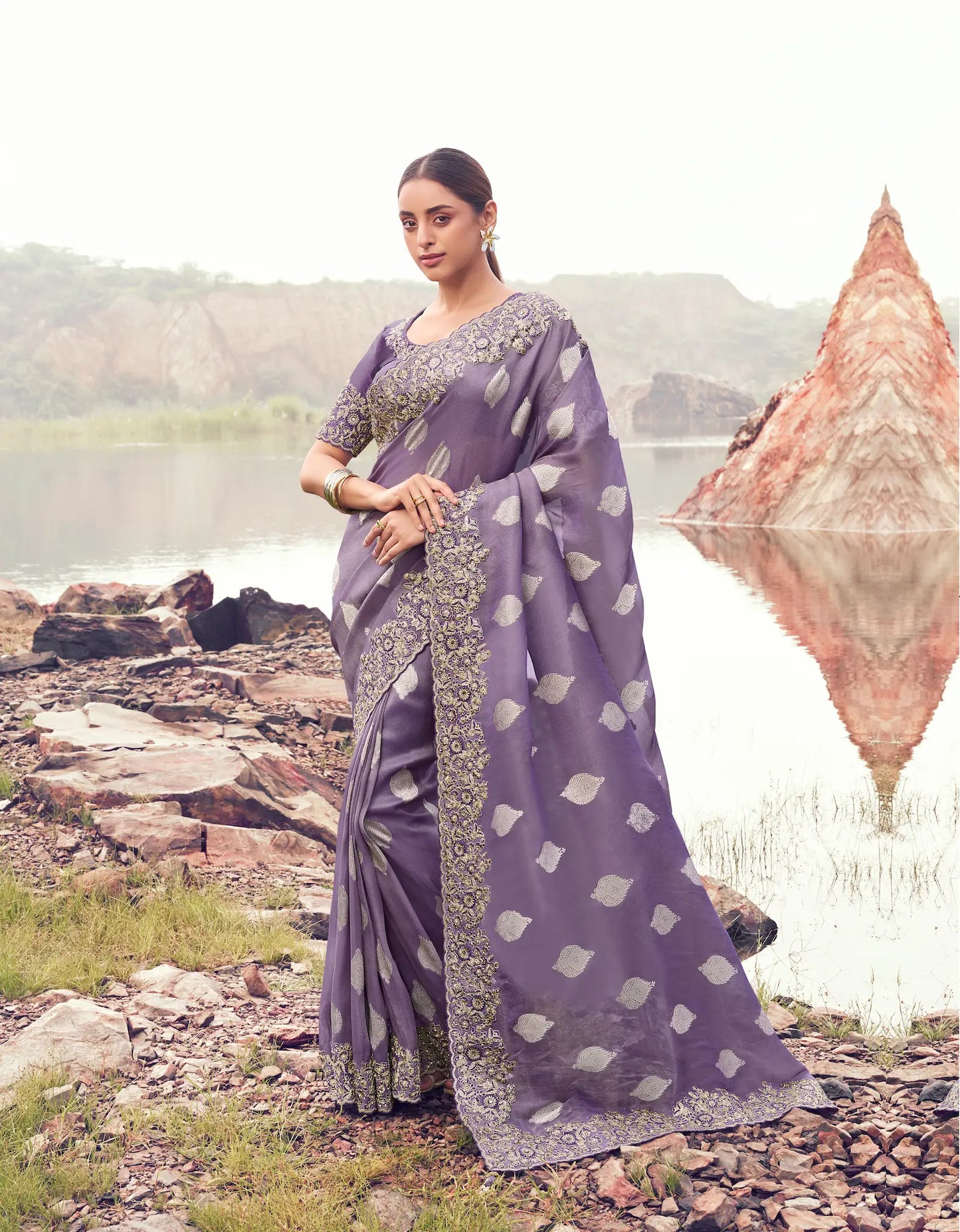 Dark Lilac Silk Heavy Embroidery & Hand Work Saree