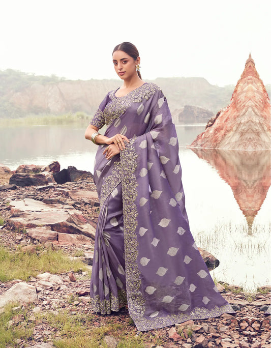 Dark Lilac Silk Heavy Embroidery & Hand Work Saree