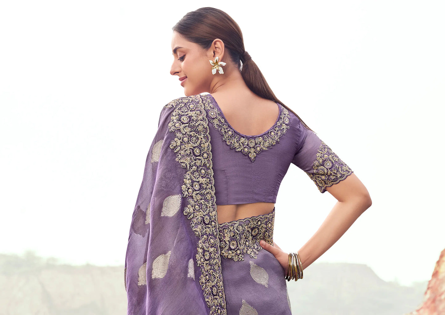 Dark Lilac Silk Heavy Embroidery & Hand Work Saree