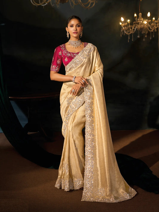 Shiny Beige Silk Heavy Embroidery Saree