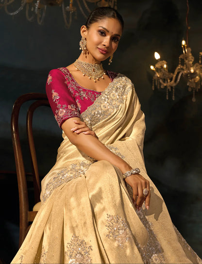 Shiny Beige Silk Heavy Embroidery Saree