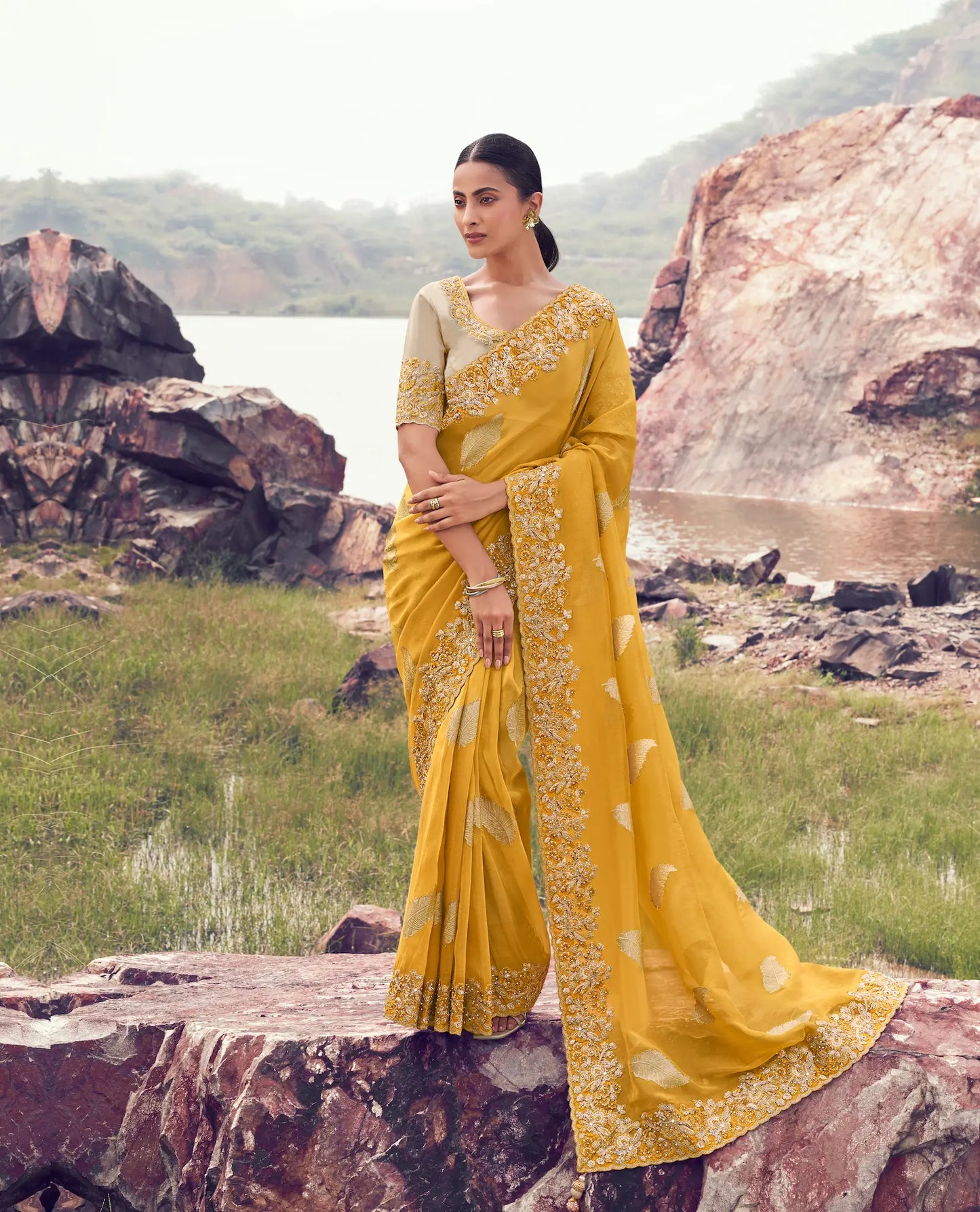 Amber Yellow Silk Heavy Embroidery & Hand Work Saree