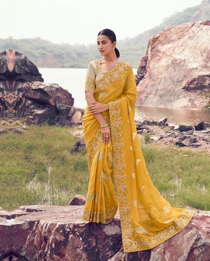 Amber Yellow Silk Heavy Embroidery & Hand Work Saree