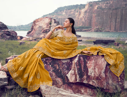 Amber Yellow Silk Heavy Embroidery & Hand Work Saree