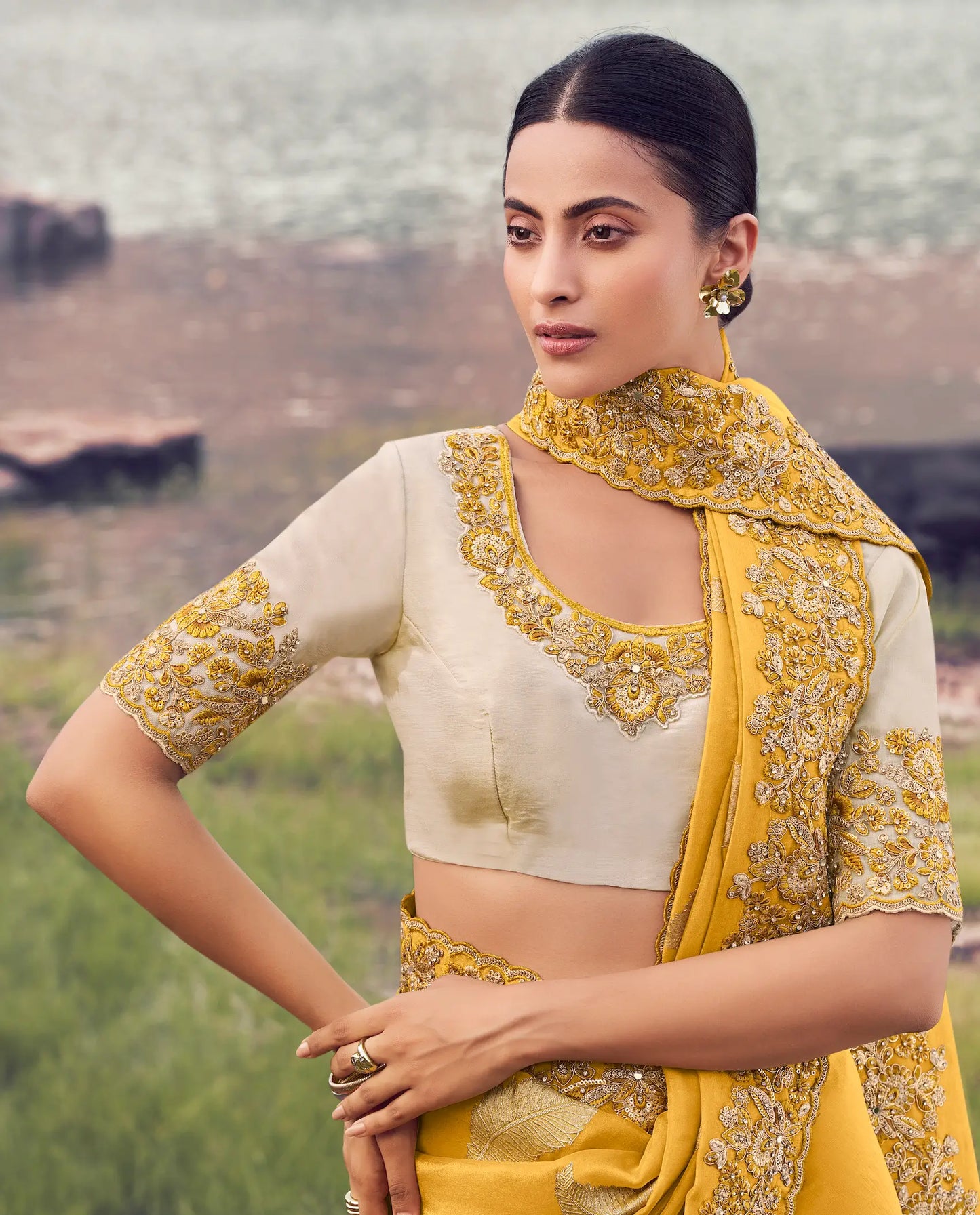 Amber Yellow Silk Heavy Embroidery & Hand Work Saree