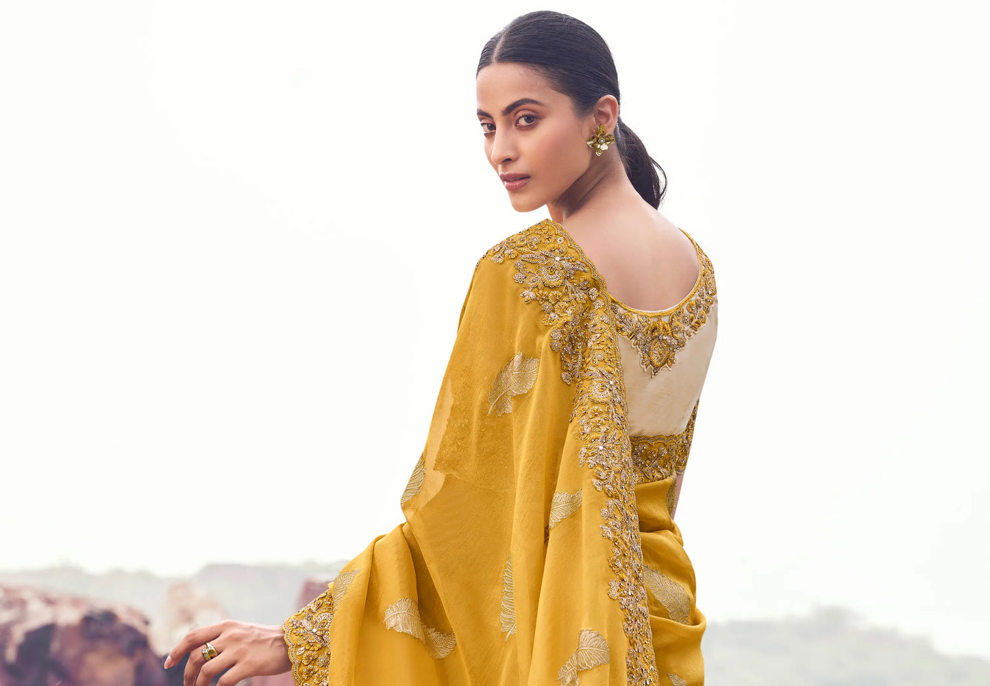 Amber Yellow Silk Heavy Embroidery & Hand Work Saree