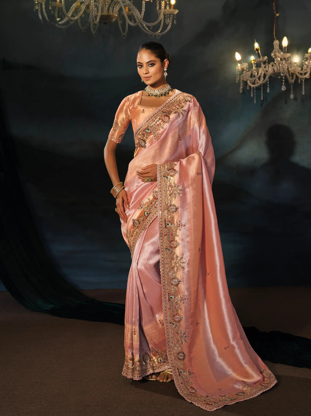 Peach Pink Silk Heavy Embroidery Saree