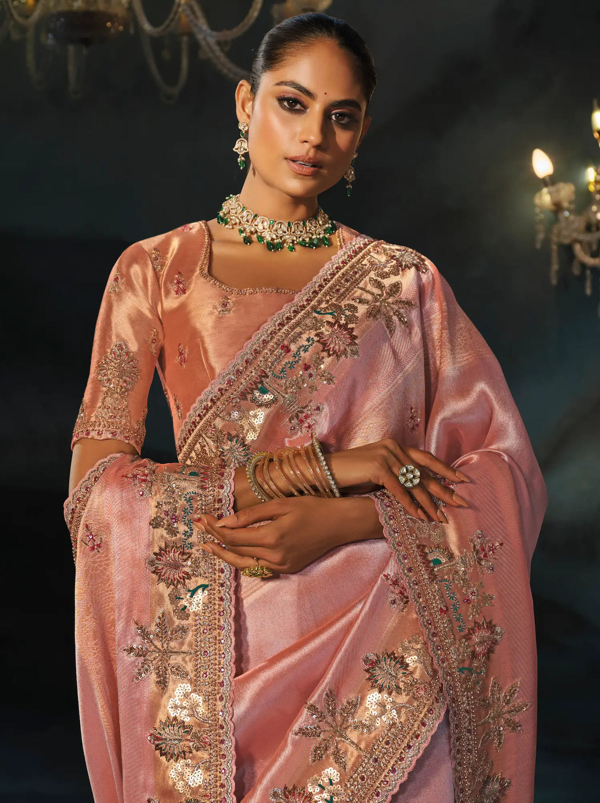 Peach Pink Silk Heavy Embroidery Saree