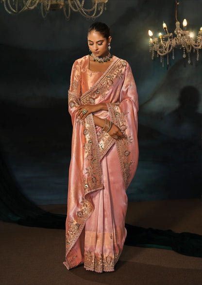 Peach Pink Silk Heavy Embroidery Saree