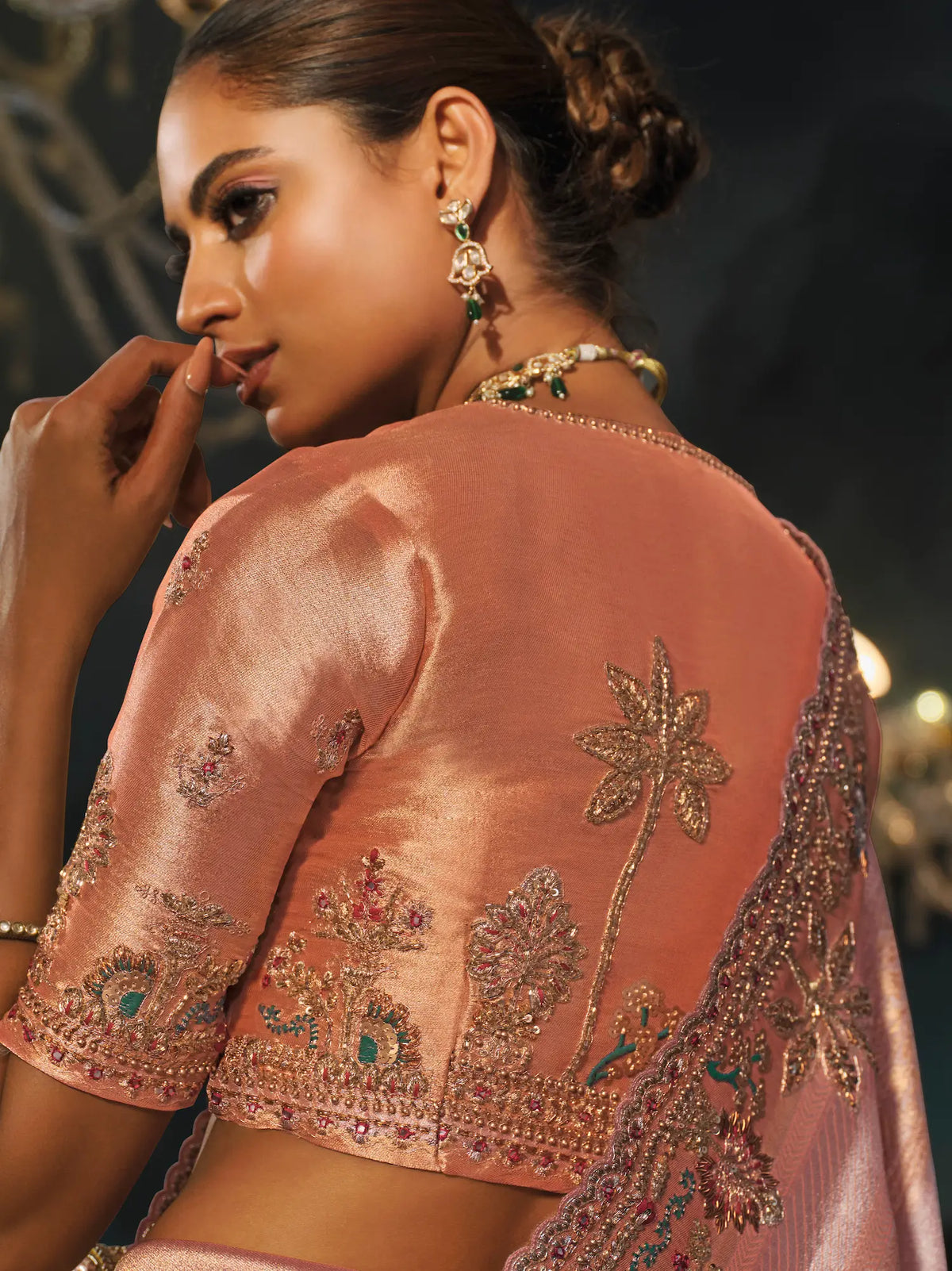 Peach Pink Silk Heavy Embroidery Saree