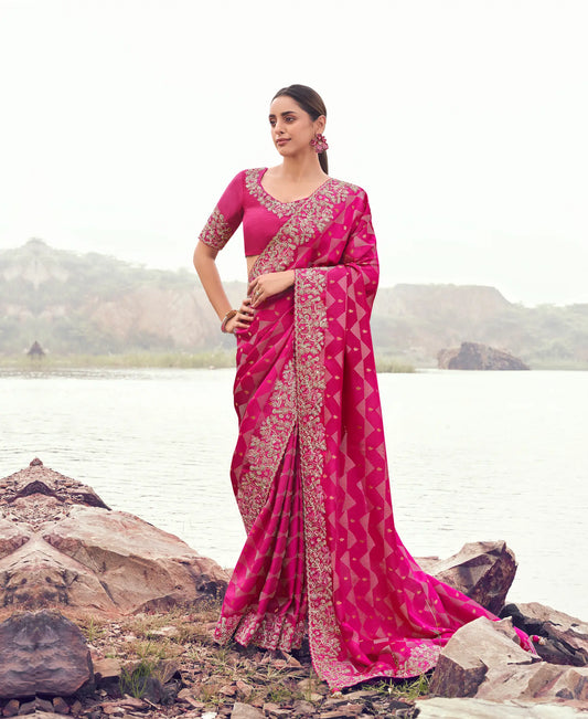 Rani Pink Silk Heavy Embroidery & Hand Work Saree