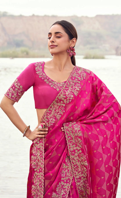 Rani Pink Silk Heavy Embroidery & Hand Work Saree