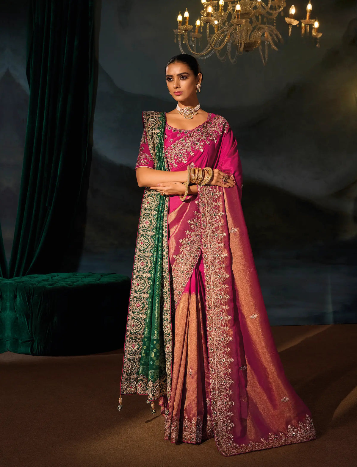 Rani Pink Silk Heavy Embroidery Saree With Dupatta