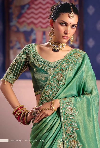 Mint Green Silk Heavy Embroidered Saree