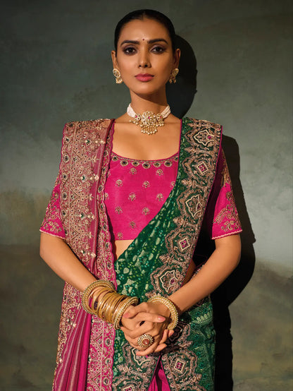 Rani Pink Silk Heavy Embroidery Saree With Dupatta