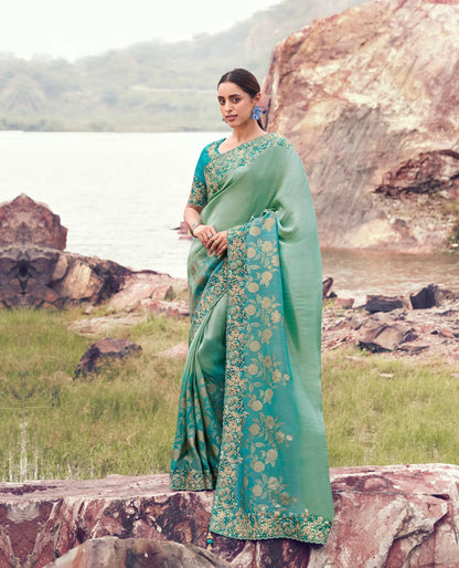 Shaded Blue Silk Heavy Embroidery & Hand Work Saree