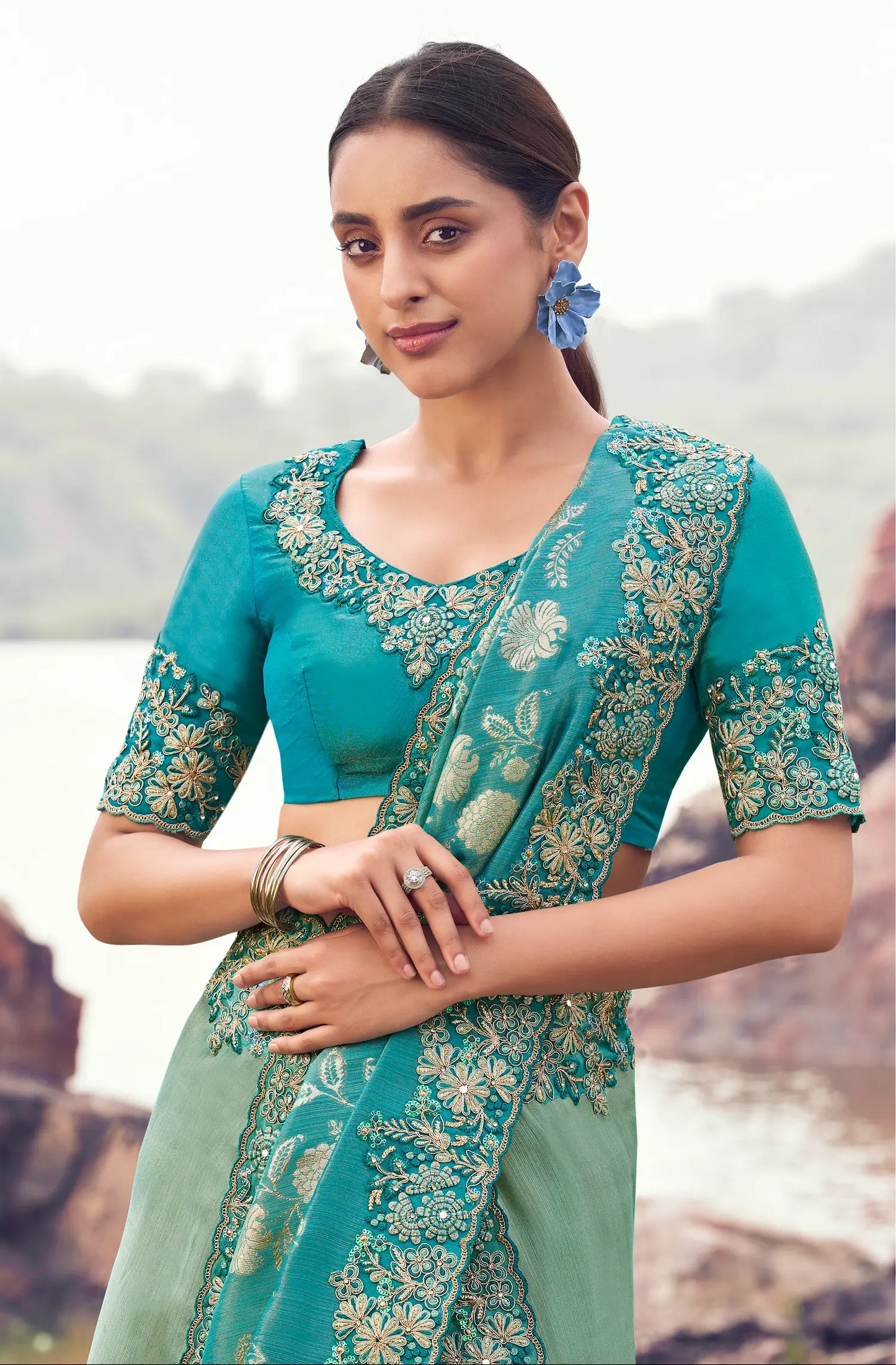 Shaded Blue Silk Heavy Embroidery & Hand Work Saree