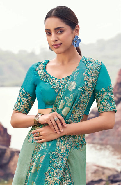 Shaded Blue Silk Heavy Embroidery & Hand Work Saree
